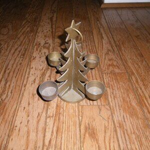 Vintage Solid Brass Metal Holiday Christmas Tree Candle Holder / Lantern